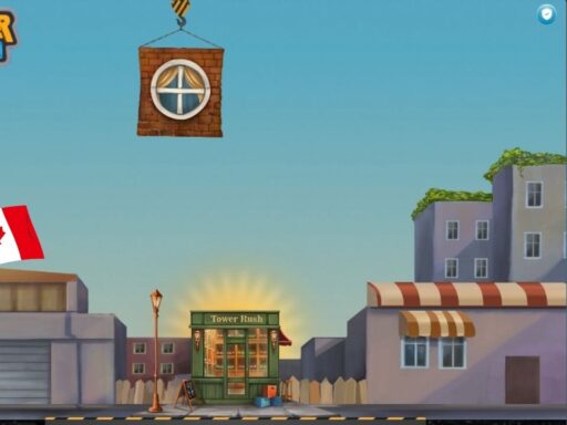 Cartoon city street in Tower Rush: a hand holds a Canadian flag as a glowing storefront labeled Tower Rush sits center.
