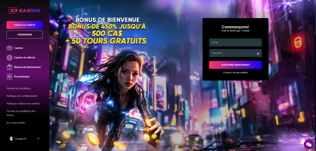 Hero banner for online casino: neon-lit cityscape with a woman in a leather jacket reaching forward, grabbing glowing coins, promoting a welcome bonus.