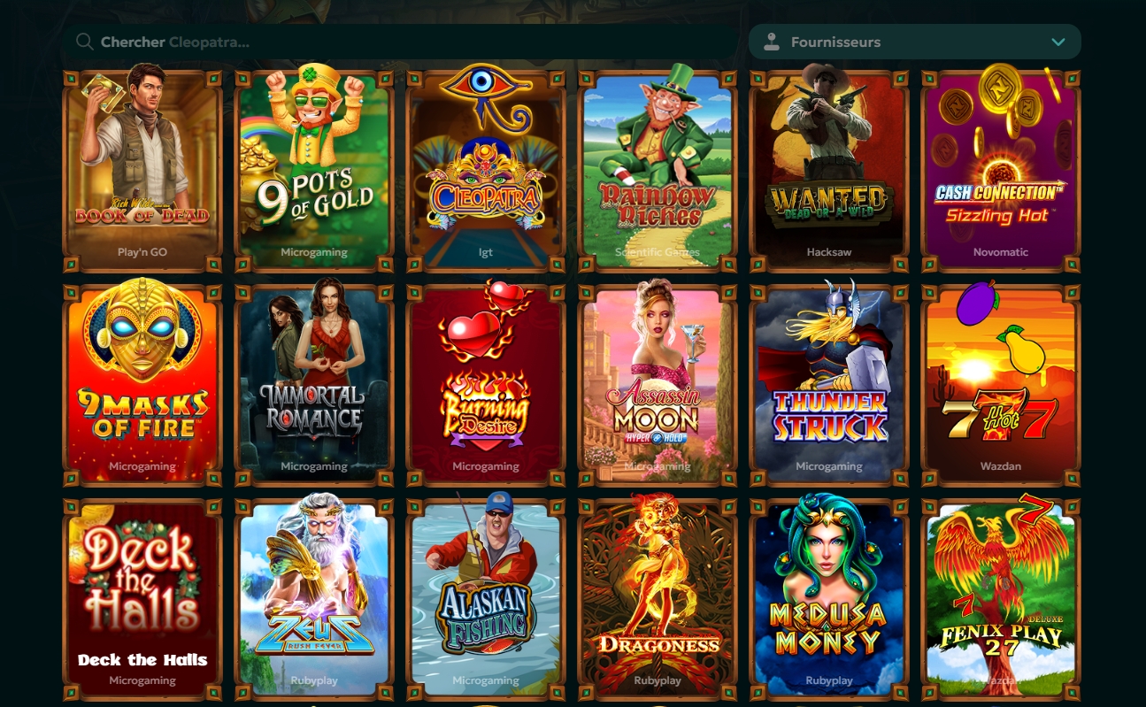Machines à sous disponibles sur Rivo Casino : Book of Dead, 9 Pots of Gold, Cleopatra