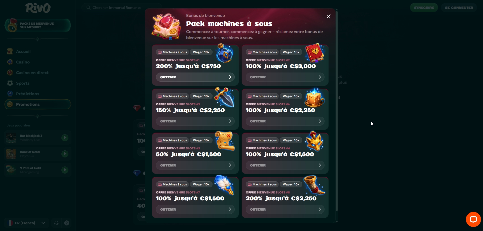 Le pack de bienvenue de Rivo Casino détaillé sur 8 dépôts avec un wager de x10