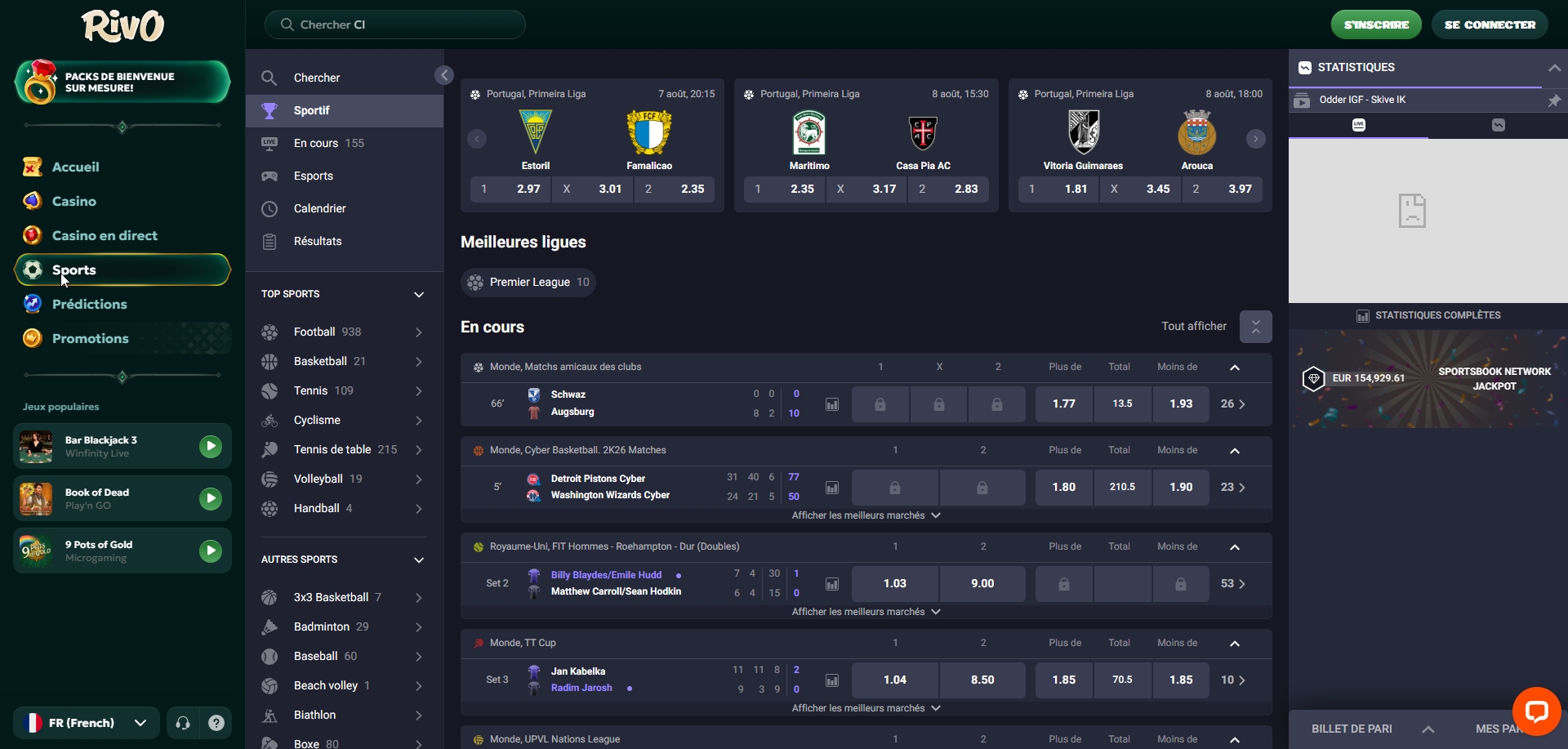 Section paris sportifs de Rivo Casino avec football, tennis, basketball et esports