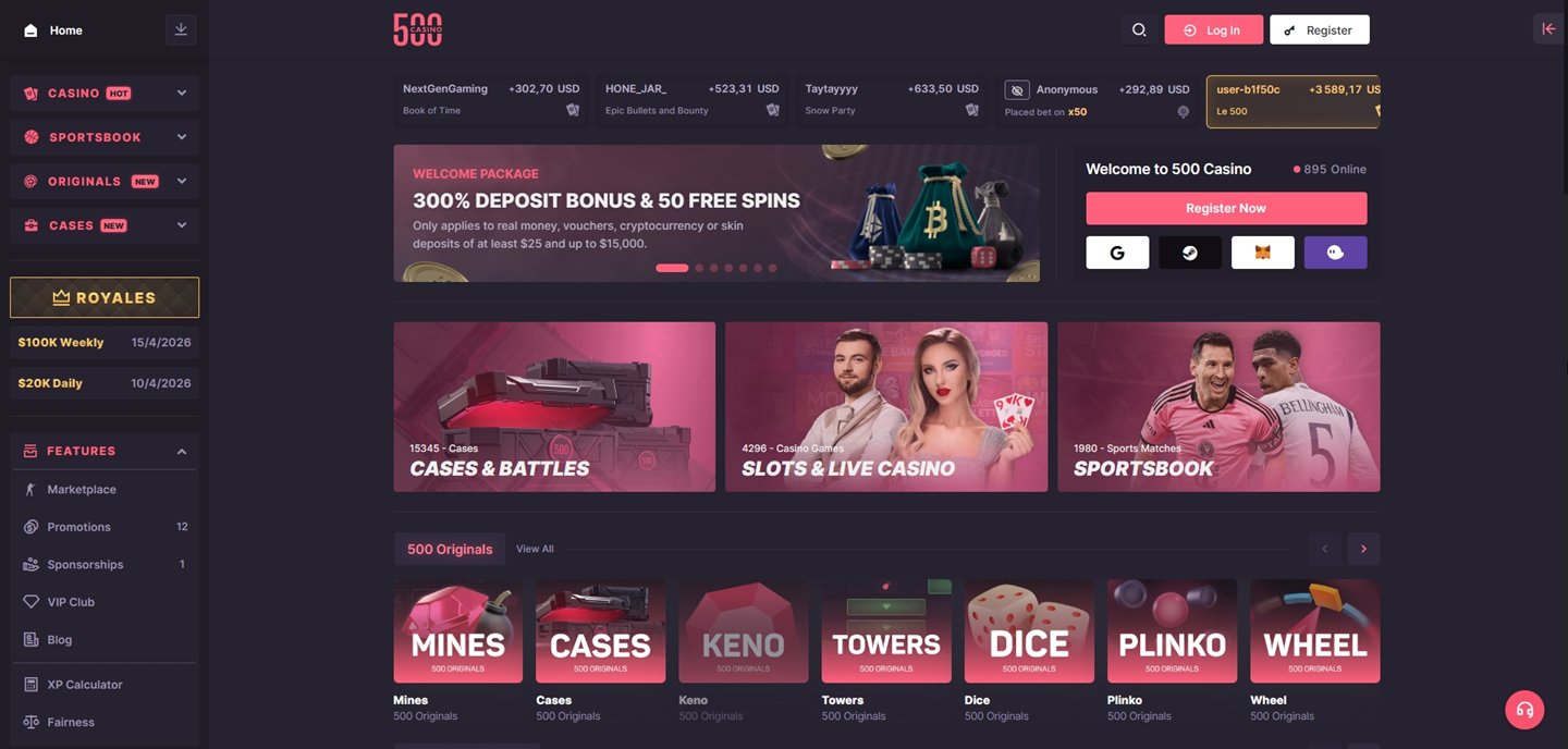 500 Casino : page d'accueil et 500 Originals
