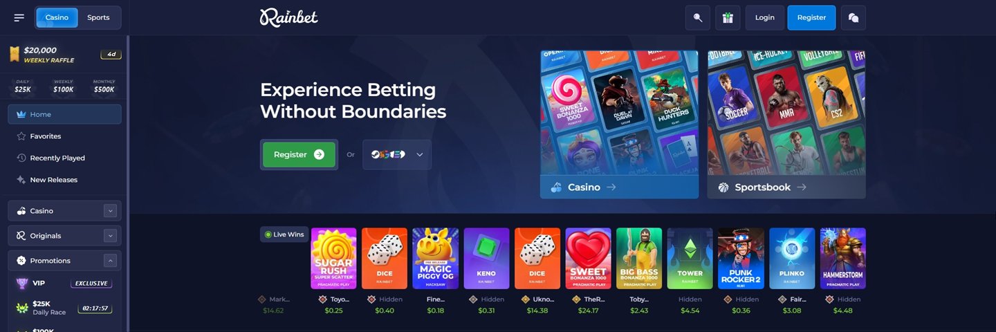 Rainbet : page d'accueil, courses et Live Wins