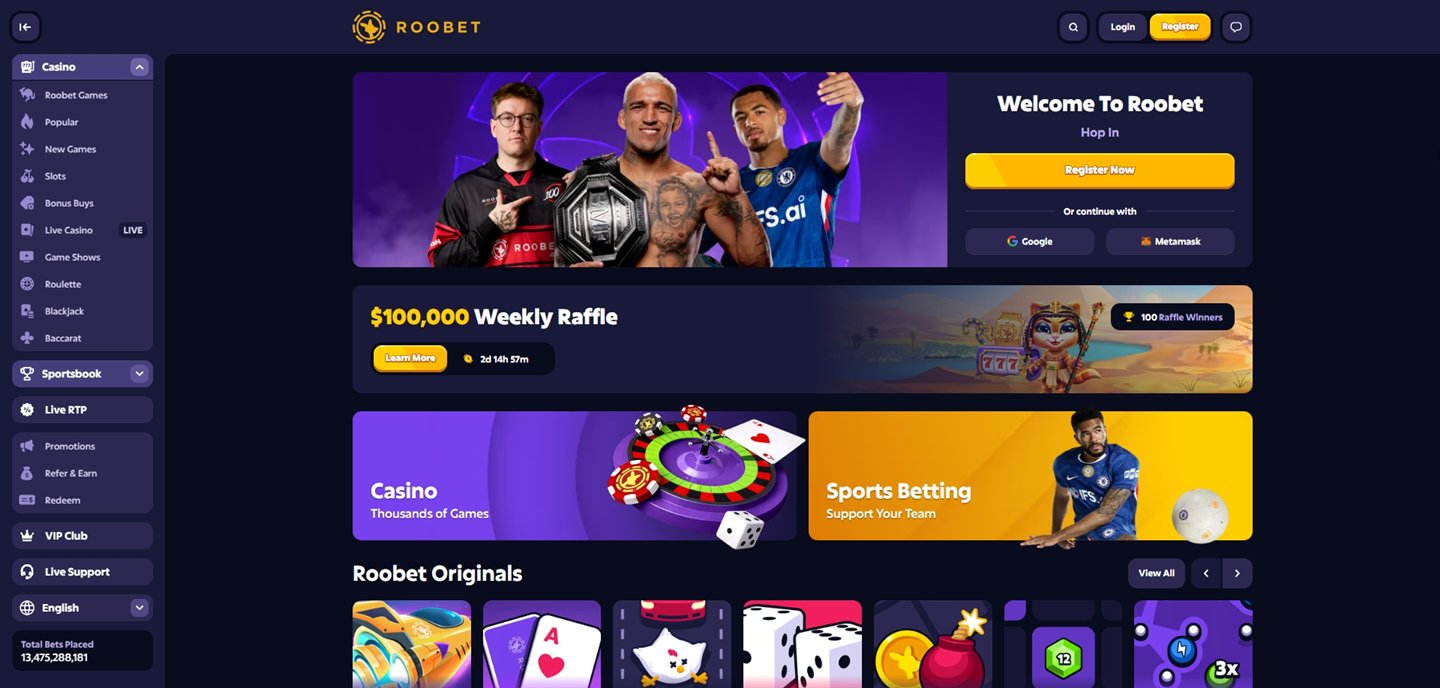 Roobet : page d'accueil, casino et sportsbook