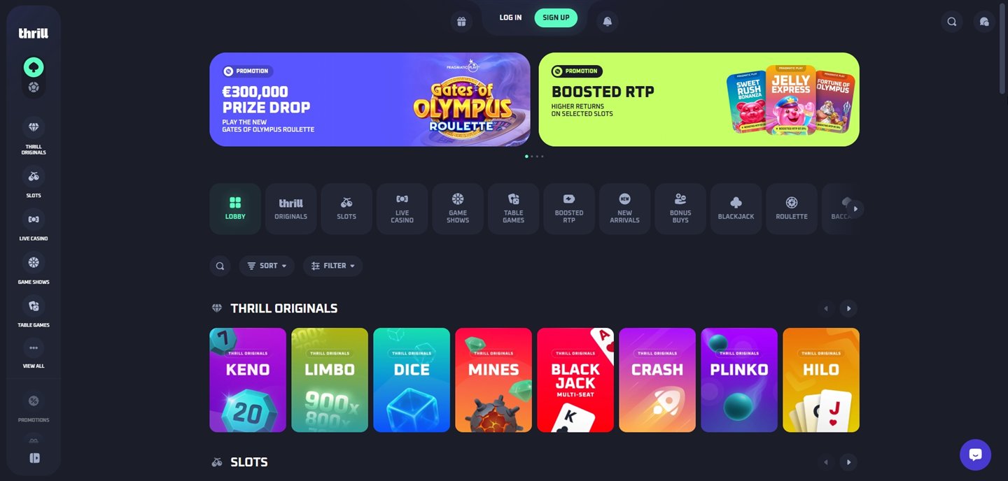 Thrill Casino : page d'accueil et Thrill Originals